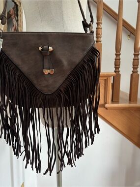 Heritage West Brown/Grey Fringe Crossbody Vegan Leather Bag